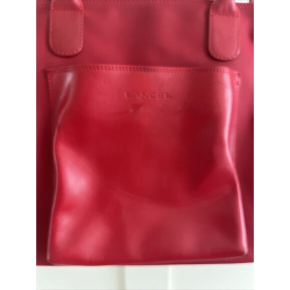 VGUC Lancel Authentic Red Nylon & Leather Bag Zip Top Shoulder Handbag Tote - Picture 3 of 15